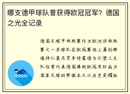 哪支德甲球队曾获得欧冠冠军？德国之光全记录