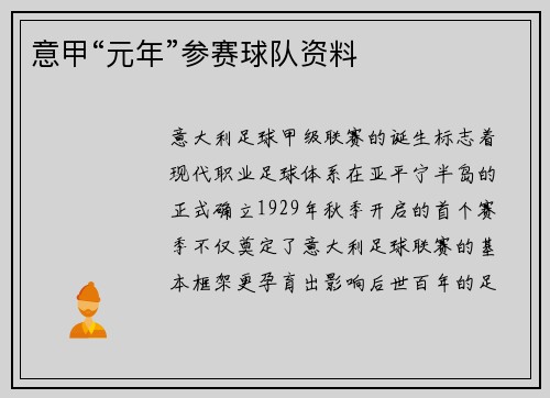 意甲“元年”参赛球队资料
