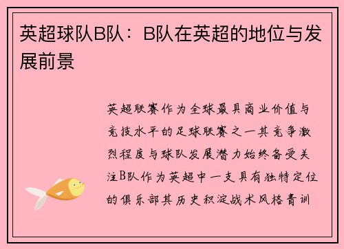 英超球队B队：B队在英超的地位与发展前景